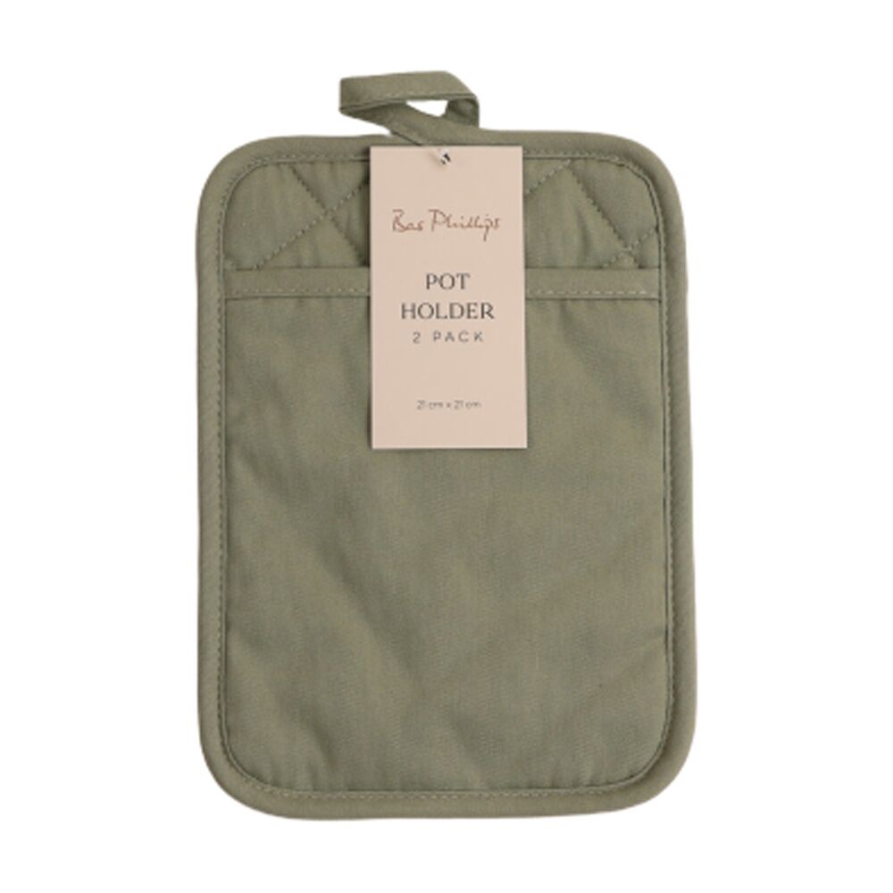 2x 2pc Bas Phillips Pot Holder Silicone Cotton Kitchen Linen Sage 18x24.5cm