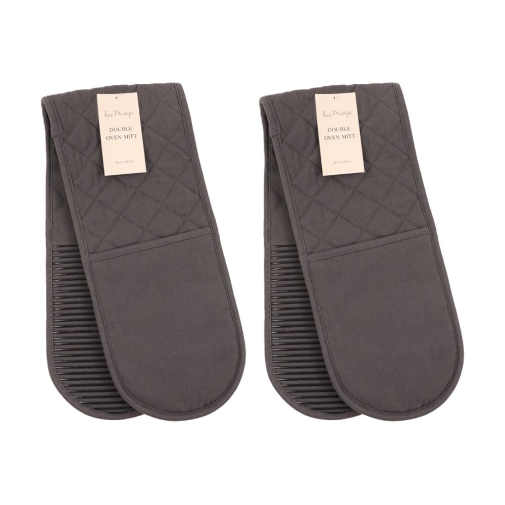 2PK Bas Phillips Essentials Cotton Double Oven Mitt Kitchen Charcoal 18x90cm
