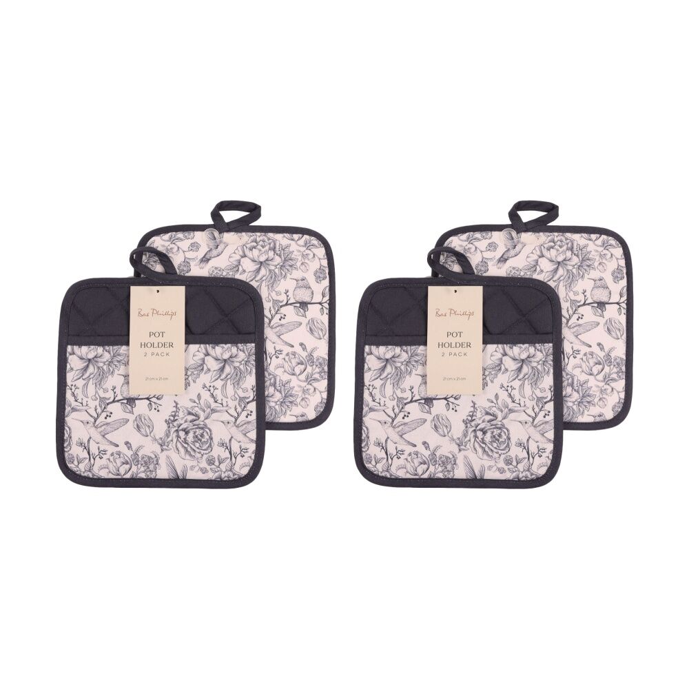 2x 2pc Bas Phillips Printed Linen Looks Pot Holder Set Blue Birds