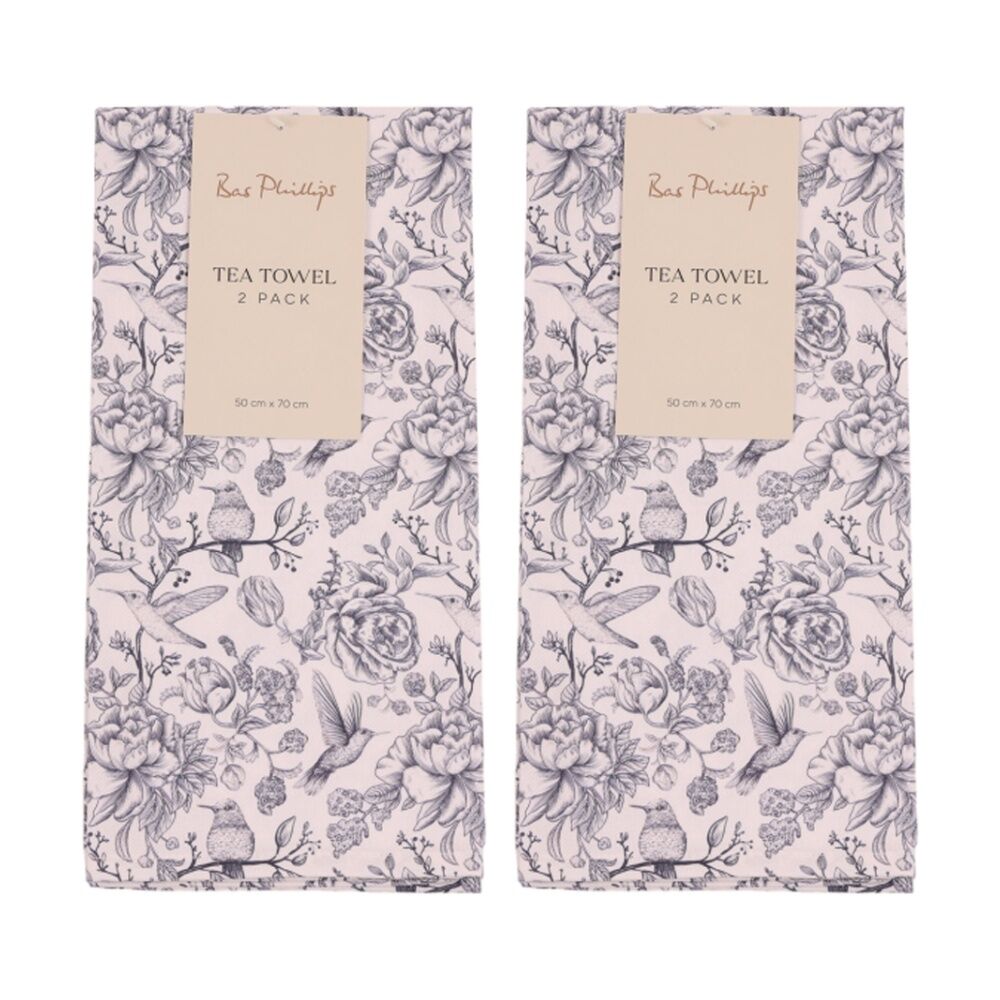 2x 2pc Bas Phillips Printed Linen Looks Tea Towel Set Cotton Blue Birds