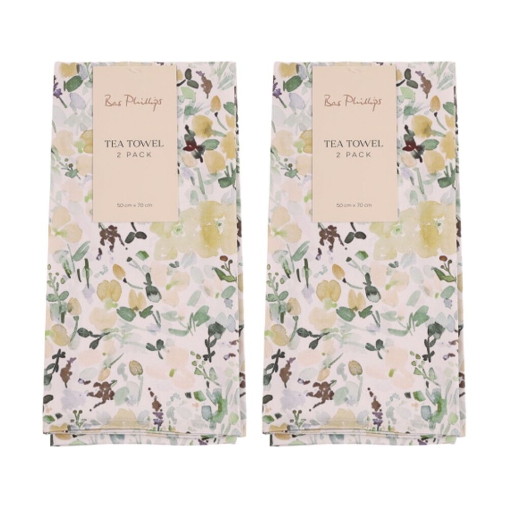 2x 2pc Bas Phillips Printed Linen Looks Tea Towel Set Cotton Green Wonderland