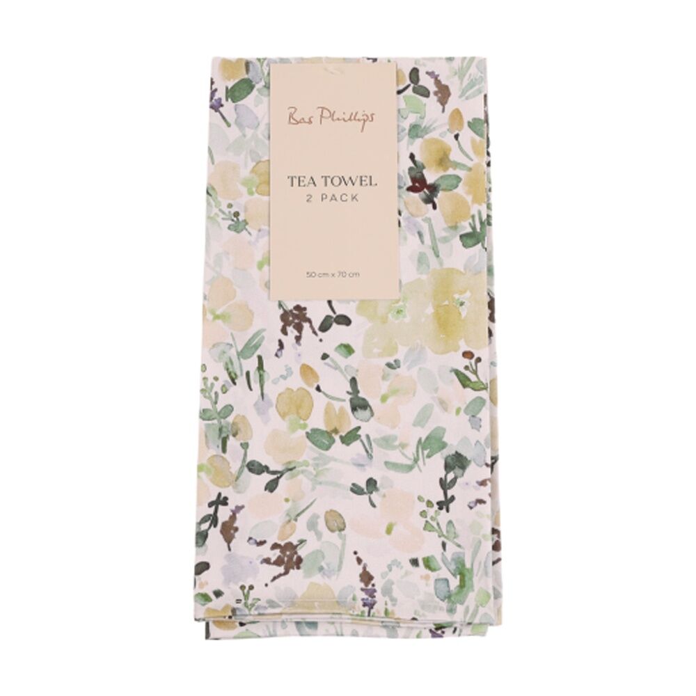 2x 2pc Bas Phillips Printed Linen Looks Tea Towel Set Cotton Green Wonderland