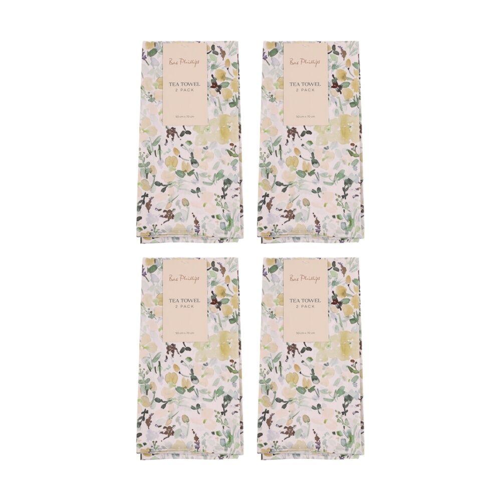 4x 2pc Bas Phillips Printed Linen Looks Tea Towel Set Cotton Green Wonderland