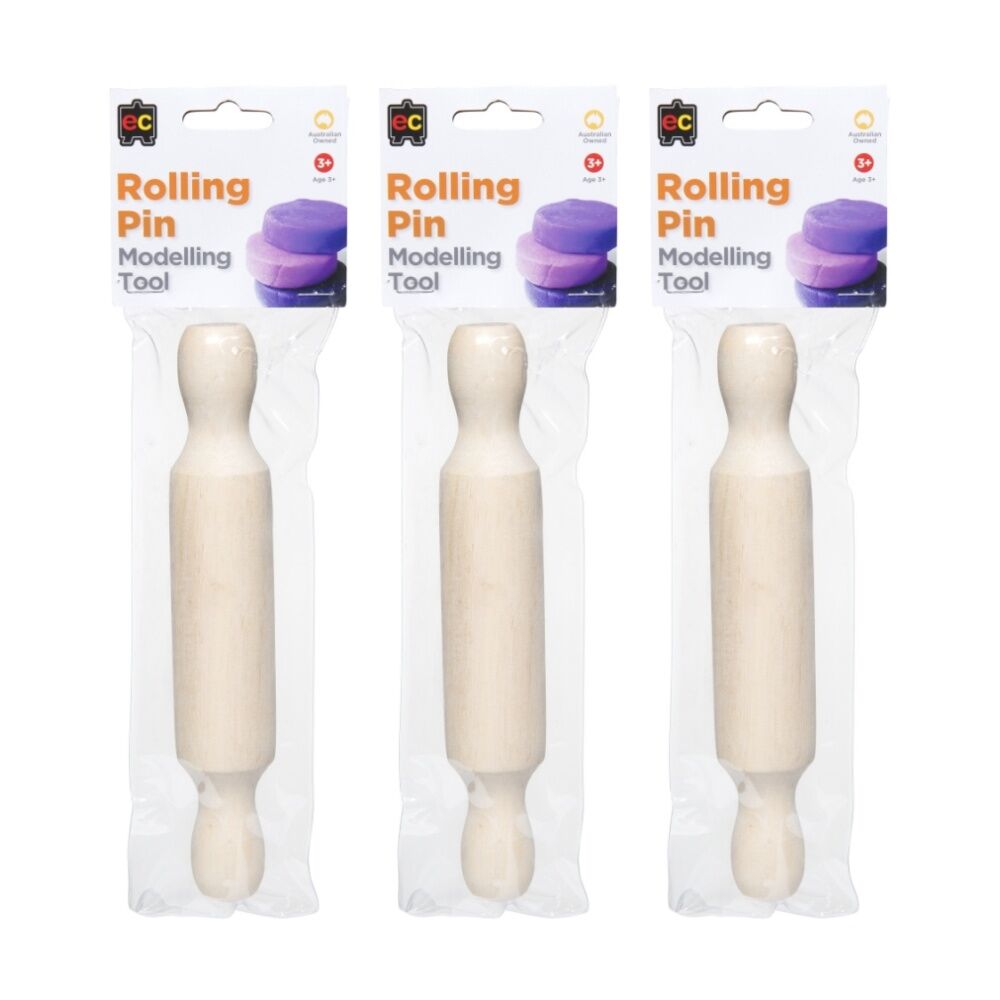 3PK Educational Colours Wooden Rolling Pin 225mm Modelling Tool Kids Art 3y+