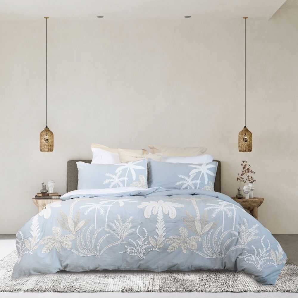 Bas Phillips Tamarama Cotton Embroided Duvet/Quilt Cover Set Ice Blue