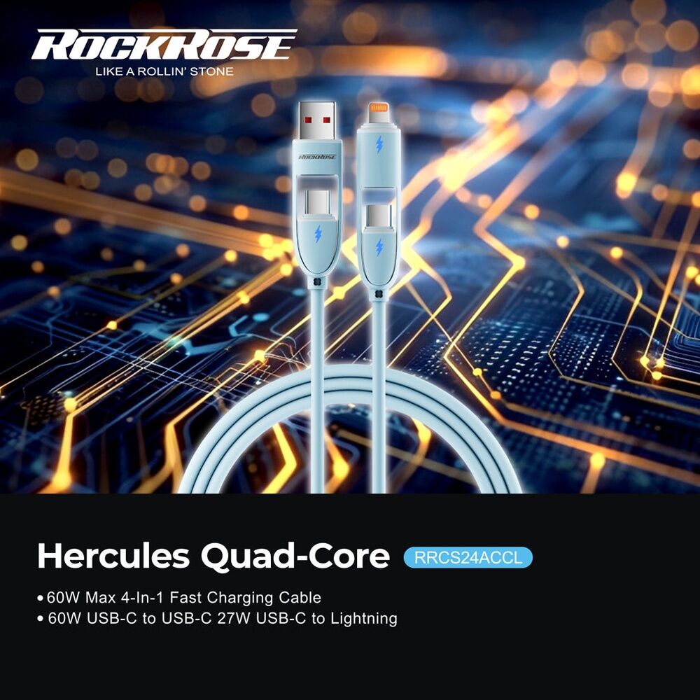 2PK Rockrose Hercules Quad-Core 60W Max Silicone 4-In-1 Fast Charging Cable 1m