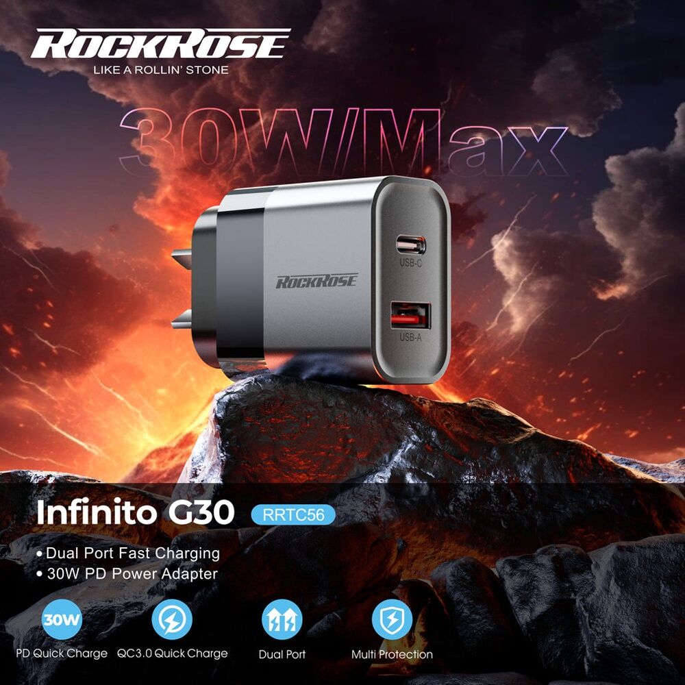 Rockrose Infinito G30 Dual Port 30W PD QC Fast Charging Power Adapter