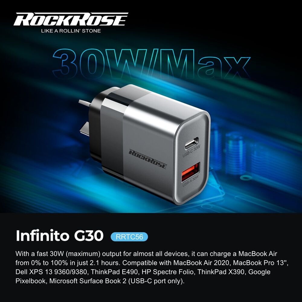 Rockrose Infinito G30 Dual Port 30W PD QC Fast Charging Power Adapter