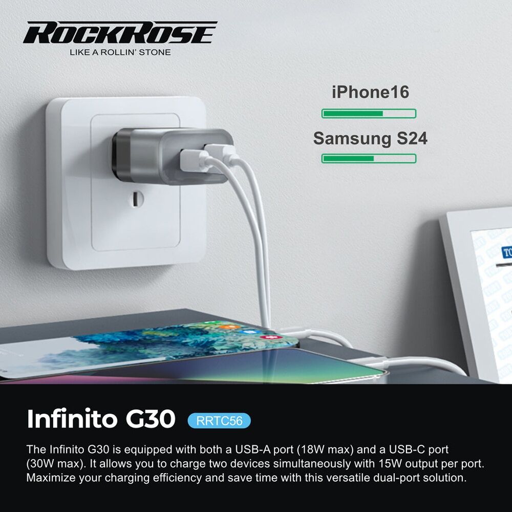 Rockrose Infinito G30 Dual Port 30W PD QC Fast Charging Power Adapter