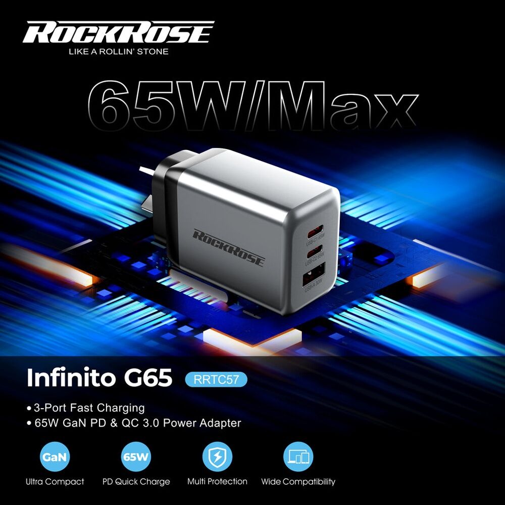 2PK Rockrose Infinito G65 3-Port 65W GaN PD QC Fast Charging Power Adapter
