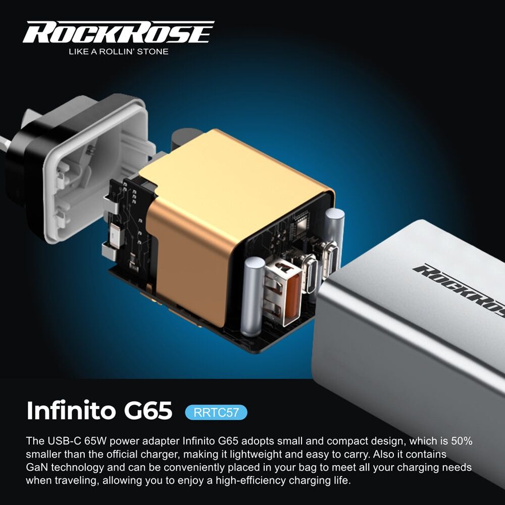 2PK Rockrose Infinito G65 3-Port 65W GaN PD QC Fast Charging Power Adapter