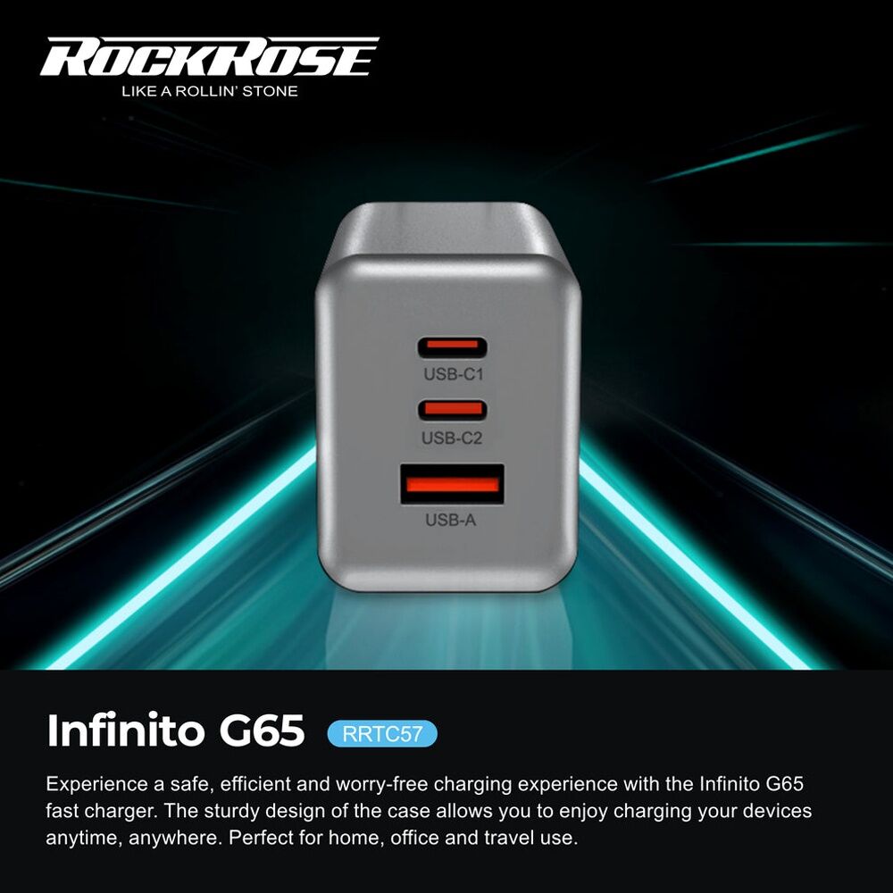 2PK Rockrose Infinito G65 3-Port 65W GaN PD QC Fast Charging Power Adapter