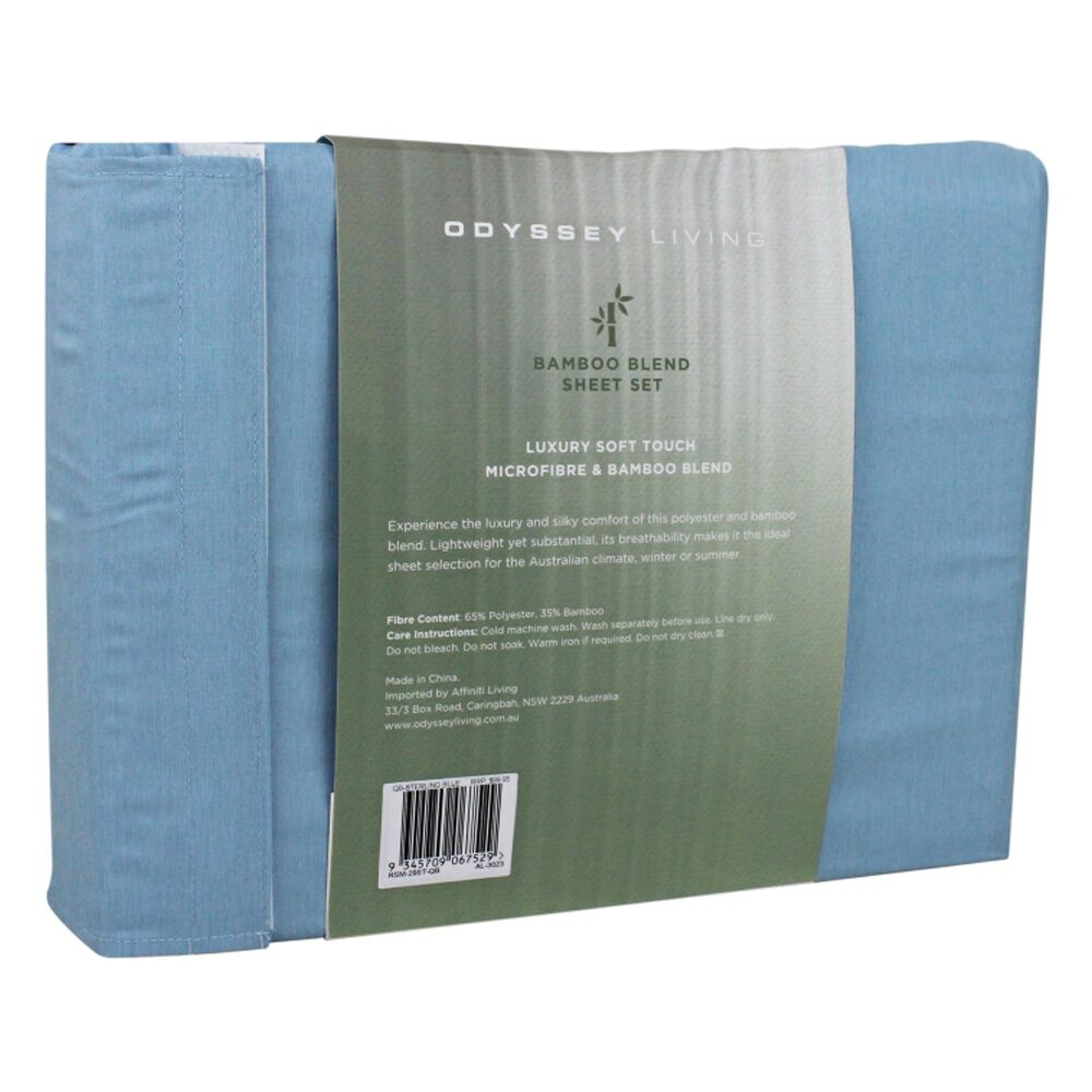 Odyssey Living Bamboo Blend Home Bedding Sheet Set w/Pillowcase Sterling Blue