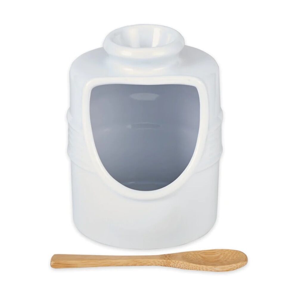 R.S.V.P. Salt Pig Stoneware With Bamboo Spoon Kitchen Accessory White 12cm