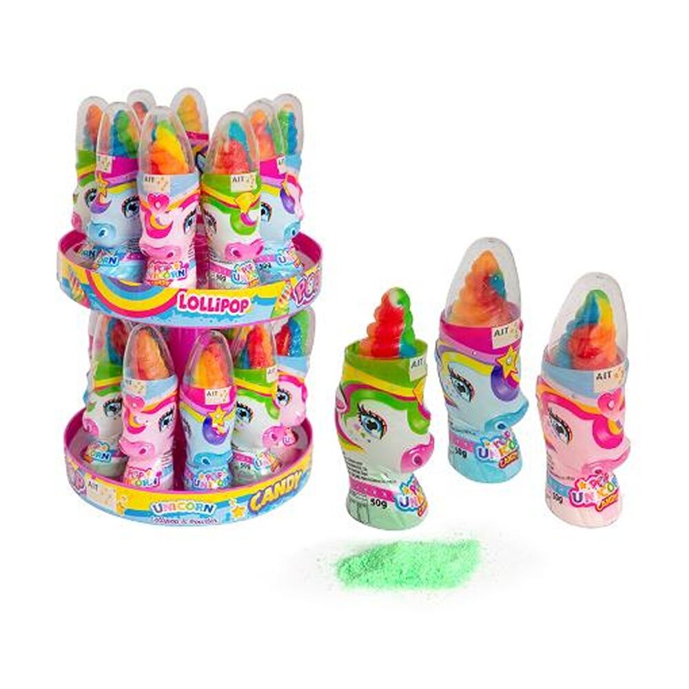 18PK AIT Pop Rainbow Coloured Unicorn Dipper Candy Lollipop 50g Assorted