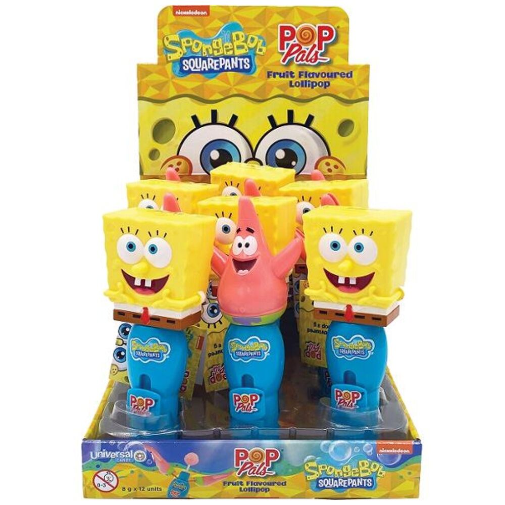 12PK Pop Pals Spongebob Characters Fruit Flavoured Lollipop Toy 8g Assorted