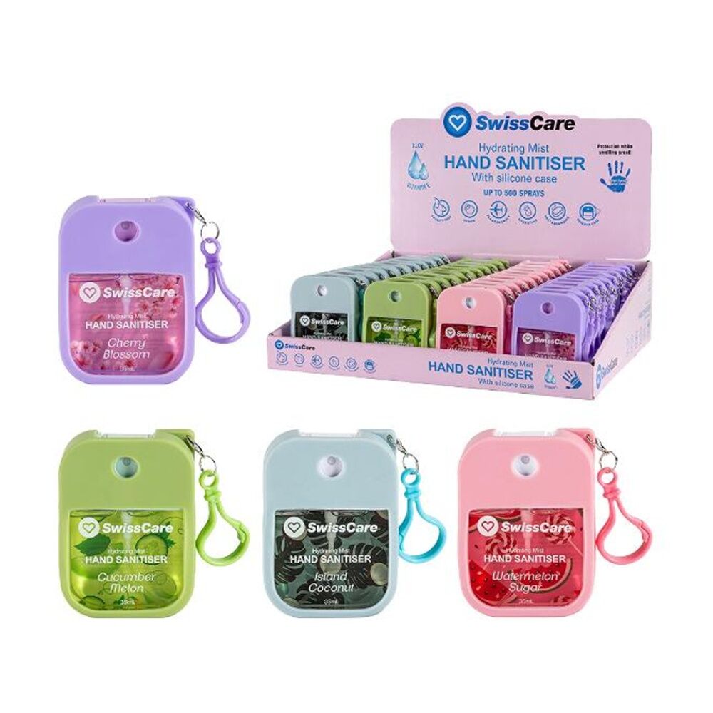 20PK SwissCare Liquid Hand Sanitiser Spray W/ Silicone Case 35mL Assorted