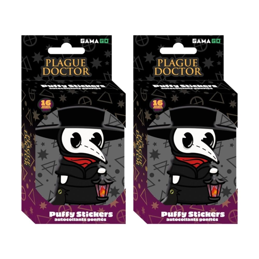 2x 16pc Gamago Plague Doctor Kids Craft Puffy Stickers In Embossed Tin Set Black
