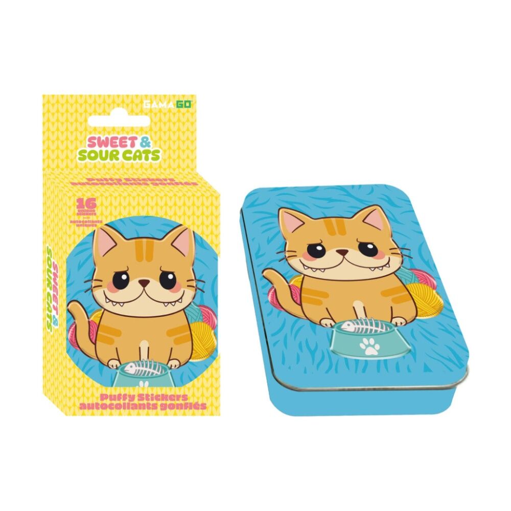4x 16pc Gamago Sweet and Sour Cat Craft Puffy Stickers In Tin Set Yellow/Blue
