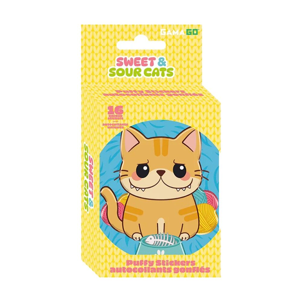 4x 16pc Gamago Sweet and Sour Cat Craft Puffy Stickers In Tin Set Yellow/Blue