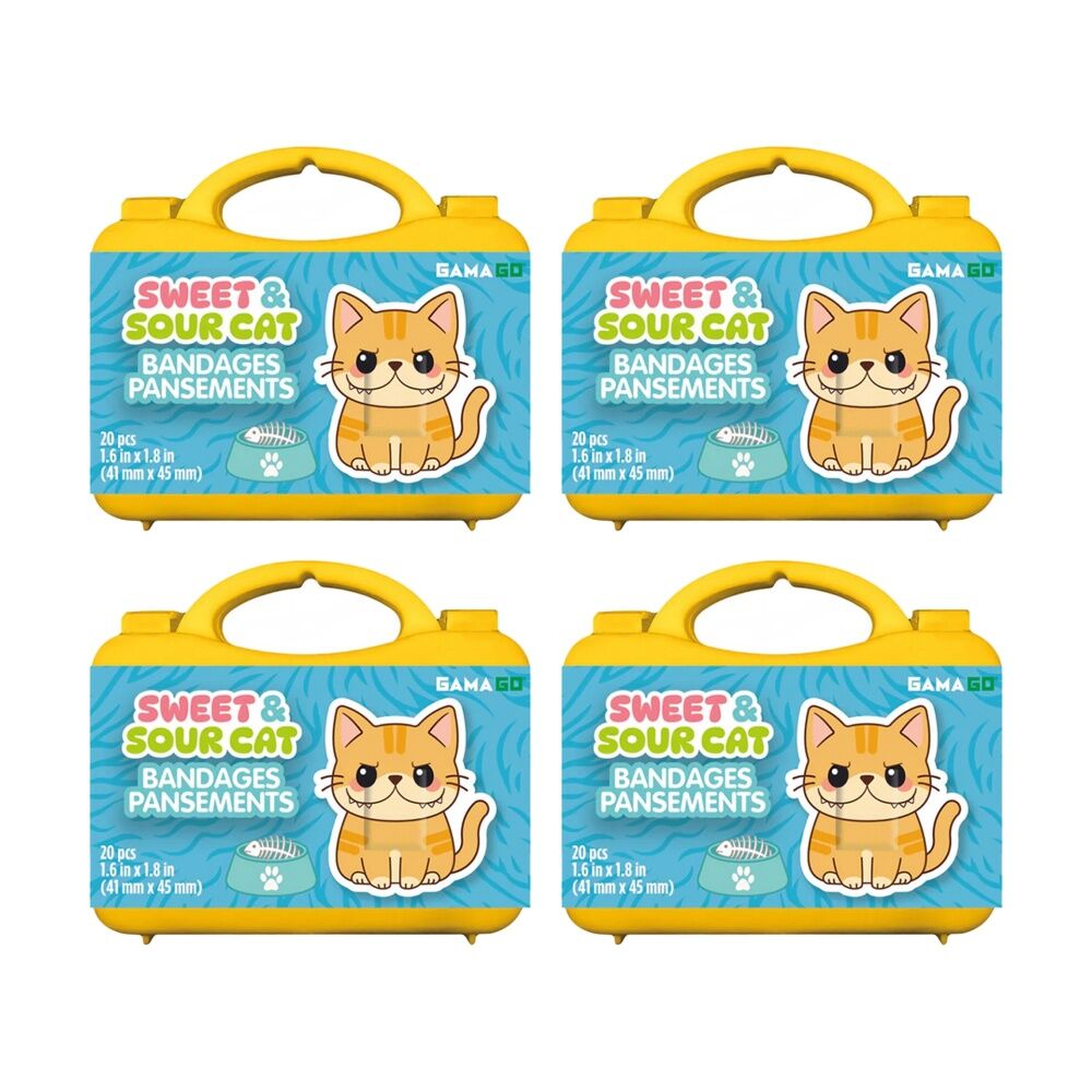 4x 20pc Gamago Sweet & Sour Cat First Aid Adhesive Bandages In Case Yellow/Blue