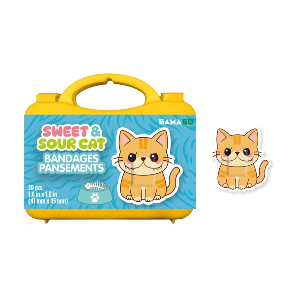 4x 20pc Gamago Sweet & Sour Cat First Aid Adhesive Bandages In Case Yellow/Blue