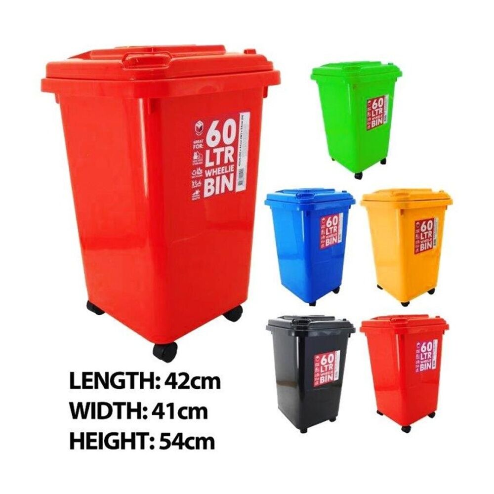 Braz 60L Rubbish & Waste Outdoor Wheely Bin W/ Lid Wheels 54x42x41cm Assorted