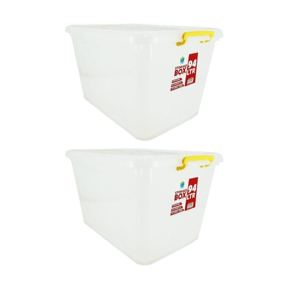 2PK Braz Plastic Storage Container Box 94L W/ Lid & Handles 64x47x36cm Assorted