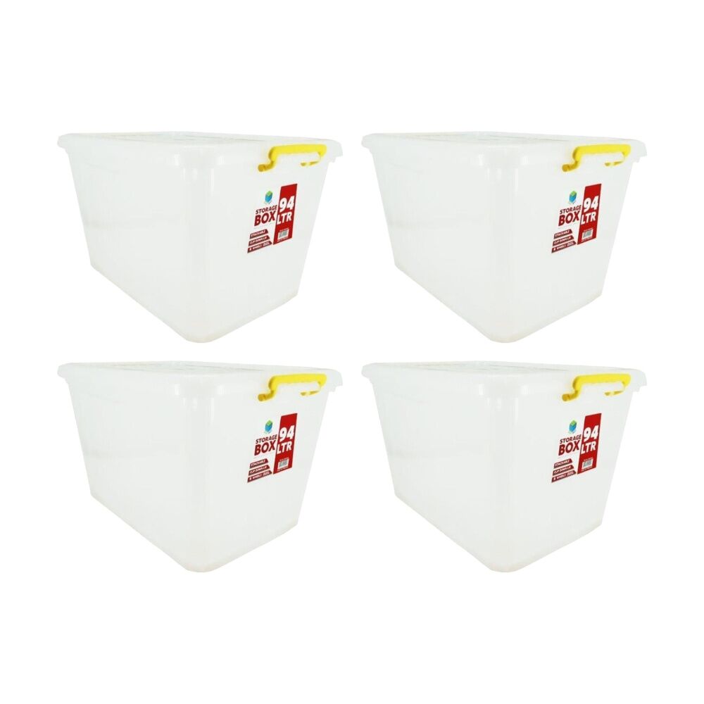 4PK Braz Plastic Storage Container Box 94L W/ Lid & Handles 64x47x36cm Assorted