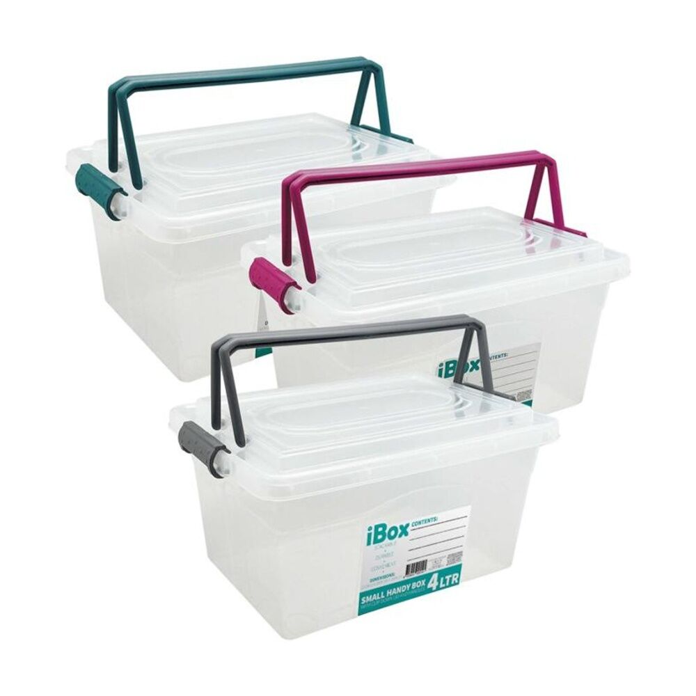 12PK iBox Medium Plastic Storage Box W/ Lid & Handle 27x19x15cm 4L Assorted