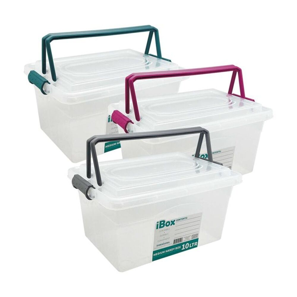 2PK iBox Large Plastic Storage Box W/ Lid & Handle 33x23x17cm 10L Assorted