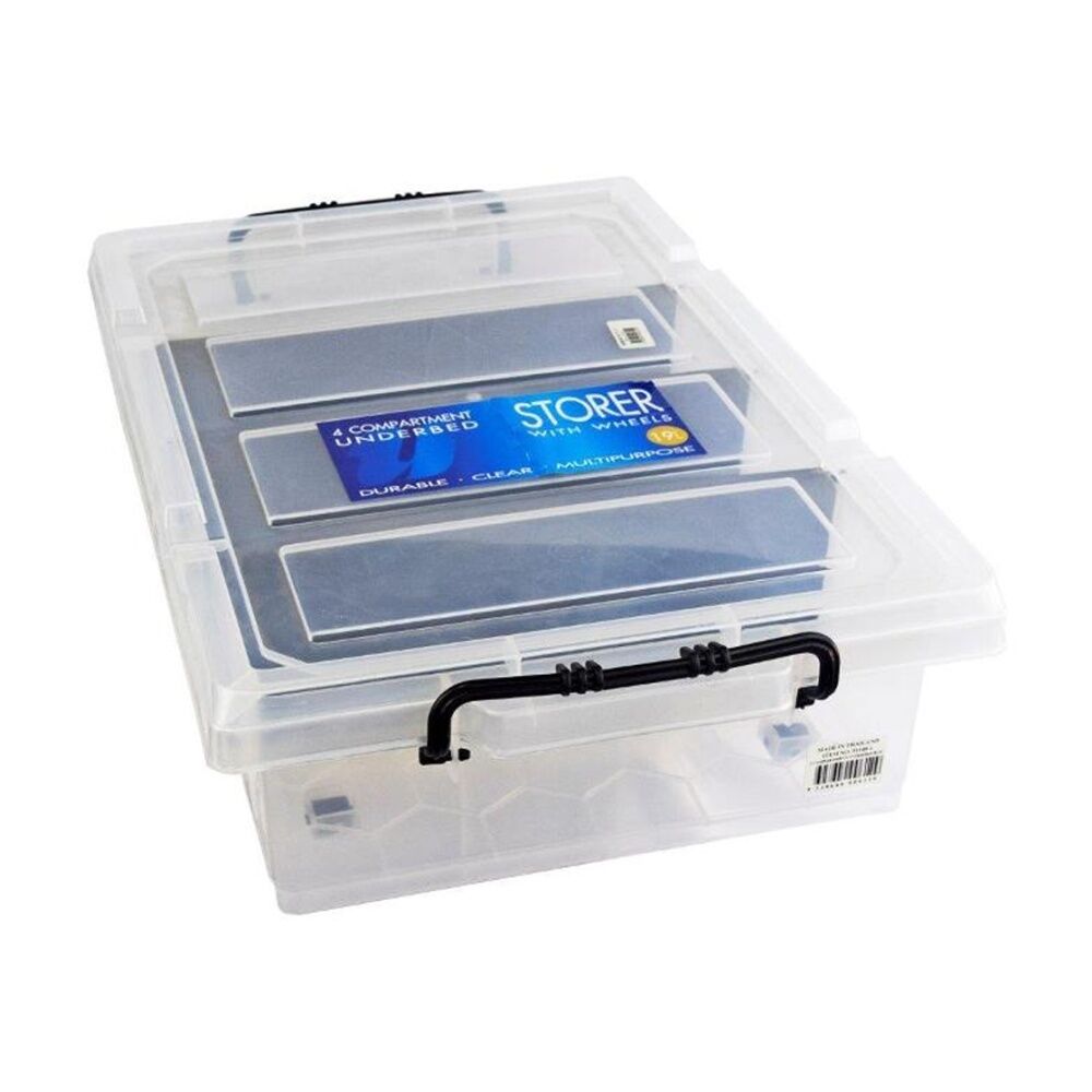 2PK Braz 4 Compartment Underbed Storage Box W/ Lid & Handle 58x36x12cm Clear