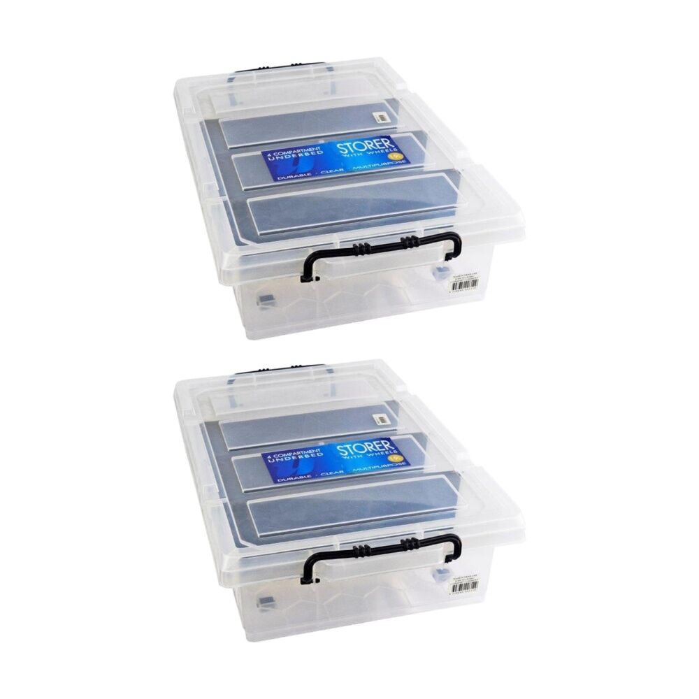 2PK Braz 4 Compartment Underbed Storage Box W/ Lid & Handle 58x36x12cm Clear