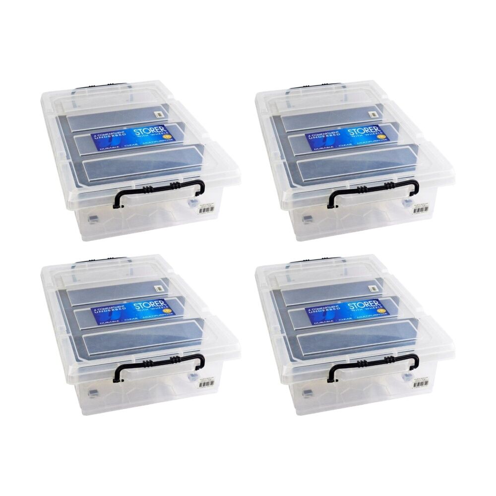 4PK Braz 4 Compartment Underbed Storage Box W/ Lid & Handle 58x36x12cm Clear