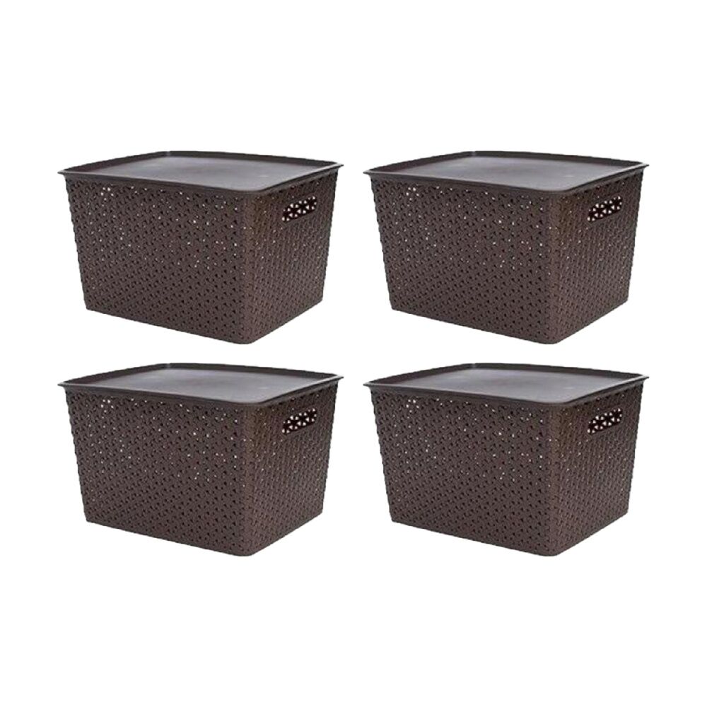 4PK Braz Home Organisation Storage Rattan Basket W/ Lid 36x30x22cm Assorted