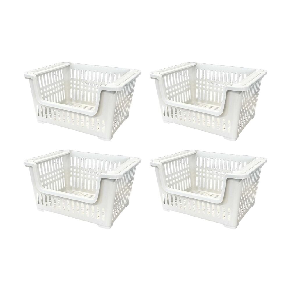 4PK Braz Plastic A4 Stacker Storage Basket W/ Ventilated Handles 38x28x20 Assrtd