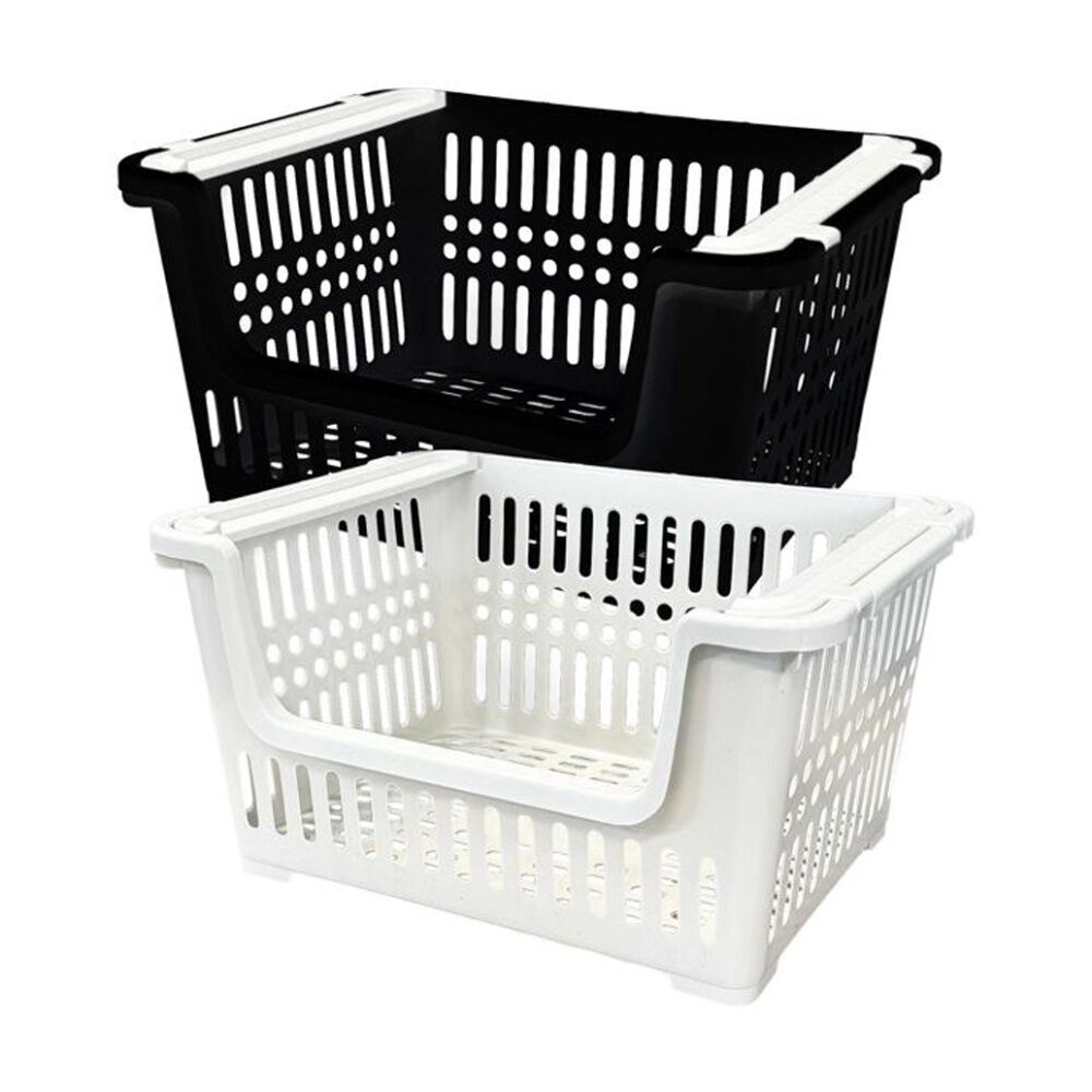 8PK Braz Plastic A4 Stacker Storage Basket W/ Ventilated Handles 38x28x20 Assrtd