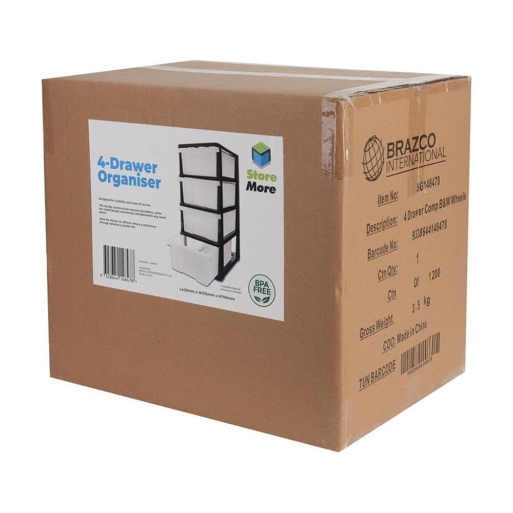 Braz Plastic Stackable 4 Drawer Compact Storage Organiser Black/White
