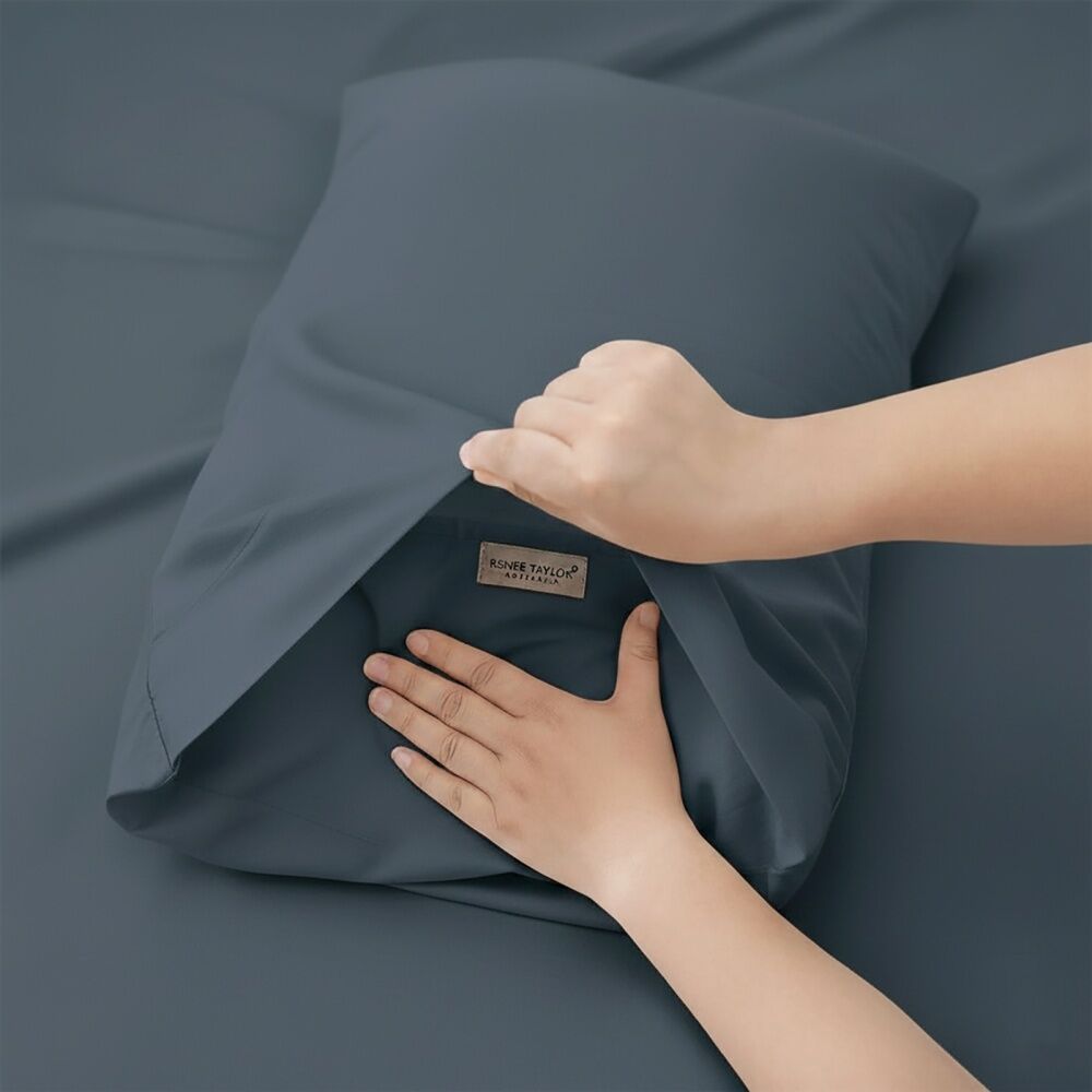 Renee Taylor 400TC Cotton Fitted Sheet & Pillowcase Set Steel Blue Single