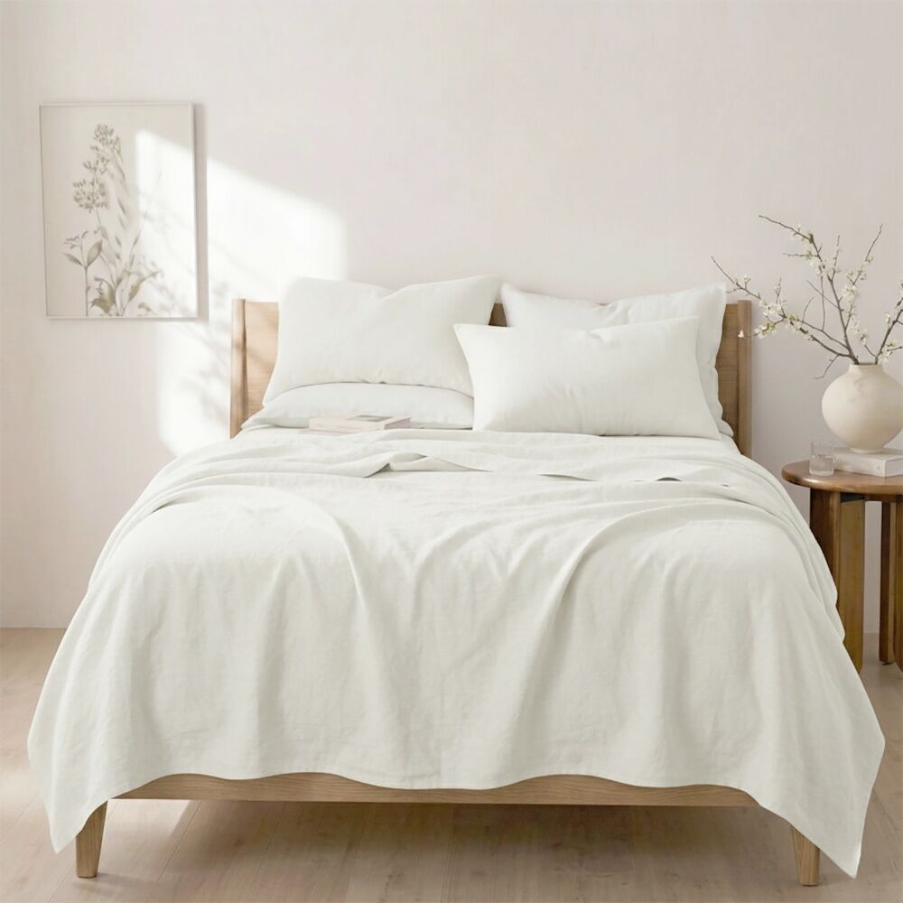 4pc Renee Taylor Washed Linen Cotton Bed Sheet & Pillow Case Set White