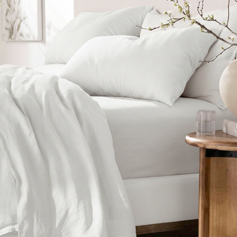 4pc Renee Taylor Washed Linen Cotton Bed Sheet & Pillow Case Set White