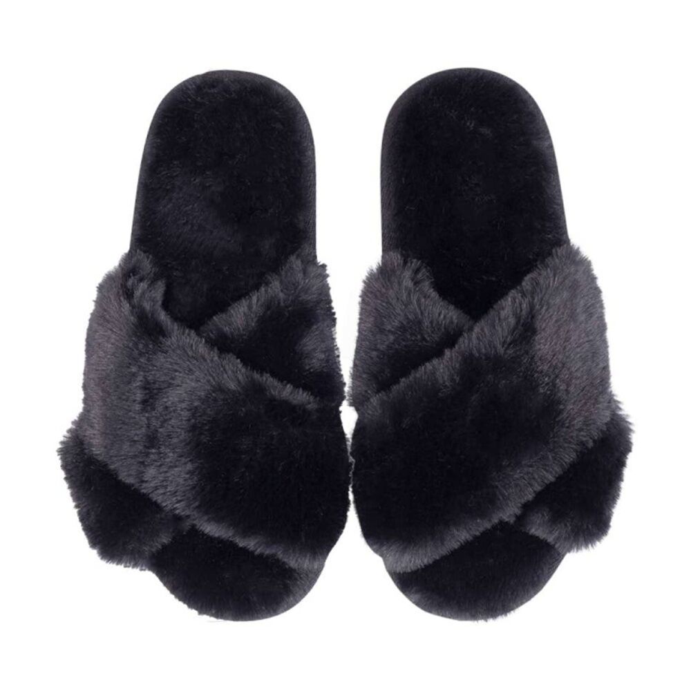 SnuggUps Women's Cross Open Toe Plush Fur Slippers Black Medium EU38-39