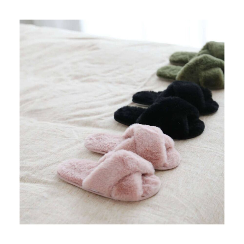 SnuggUps Women's Cross Open Toe Plush Fur Slippers Black Medium EU38-39