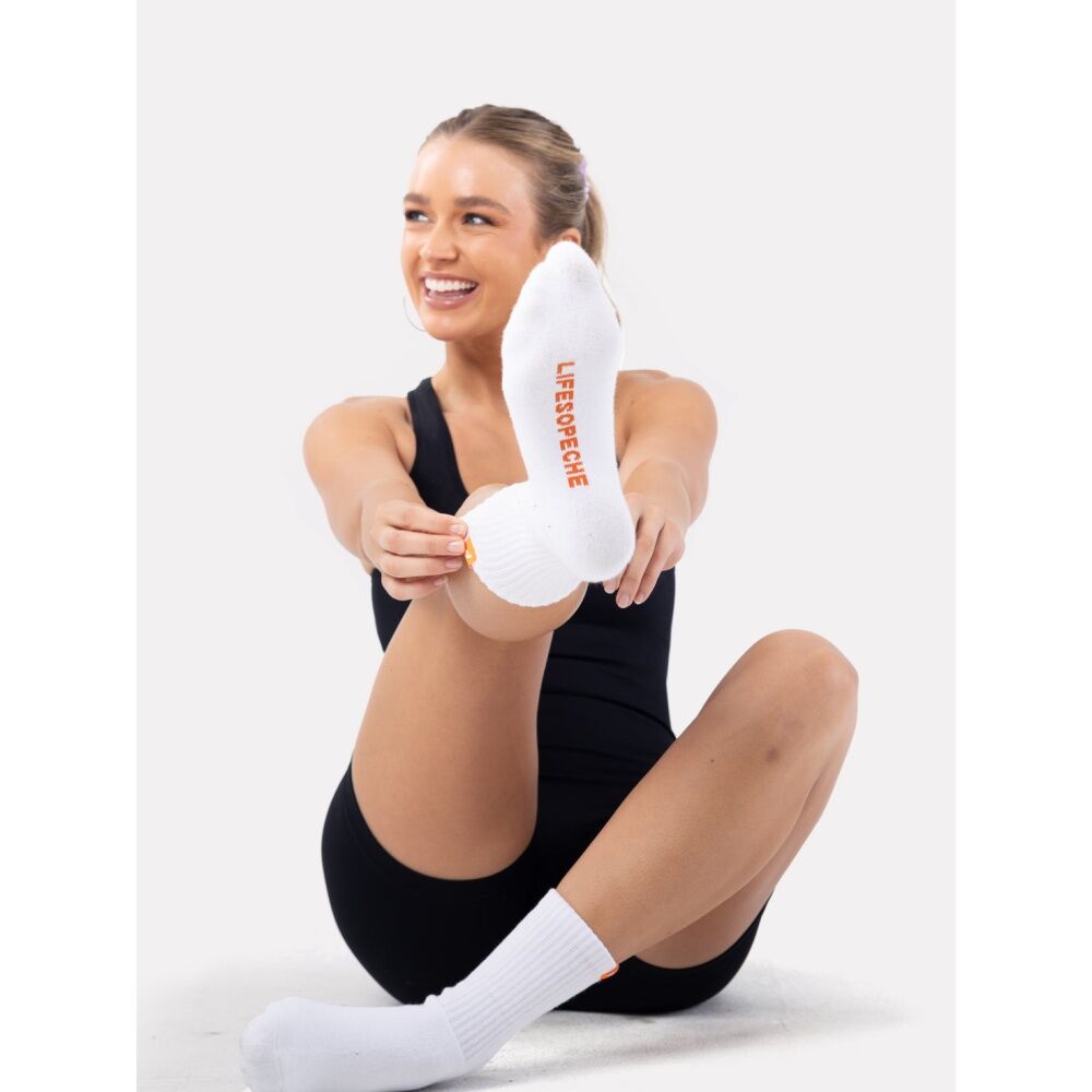4PK Lifesopeche Ribbed White Crew LSP Label Socks Orange One Size