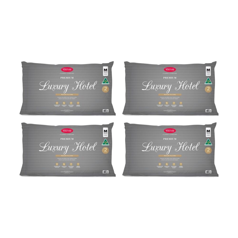 4x 2pc Tontine Luxury Hotel Pillow Medium Profile For Back & Side Sleepers