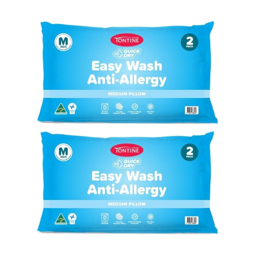 2x 2pc Tontine Quick Dry Easy Wash Anti Allergy Bedding Pillows Set Medium