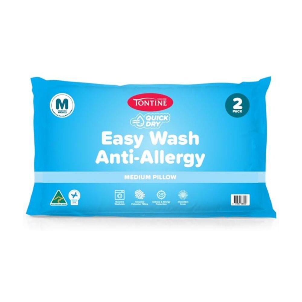 2x 2pc Tontine Quick Dry Easy Wash Anti Allergy Bedding Pillows Set Medium
