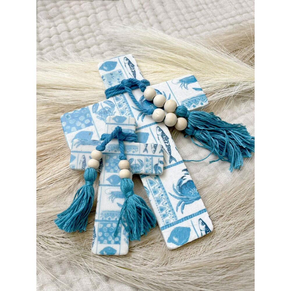 6PK LVD Small Blue Ocean Postcard Cross Home Decor W/ Beads & Tassels 9x13x0.5cm