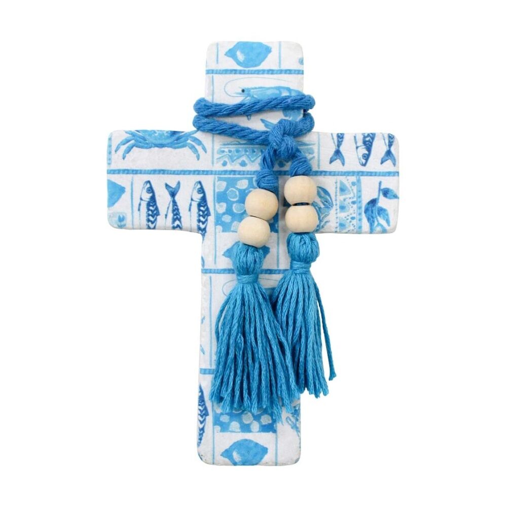 6PK LVD Small Blue Ocean Postcard Cross Home Decor W/ Beads & Tassels 9x13x0.5cm