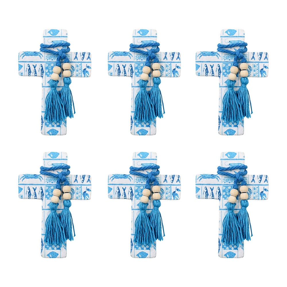 6PK LVD Small Blue Ocean Postcard Cross Home Decor W/ Beads & Tassels 9x13x0.5cm